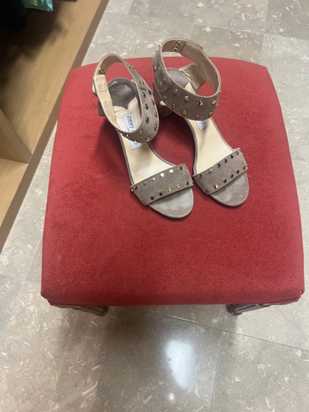 Jimmy Choo Taupe Suede Studded Block Heel Sandals